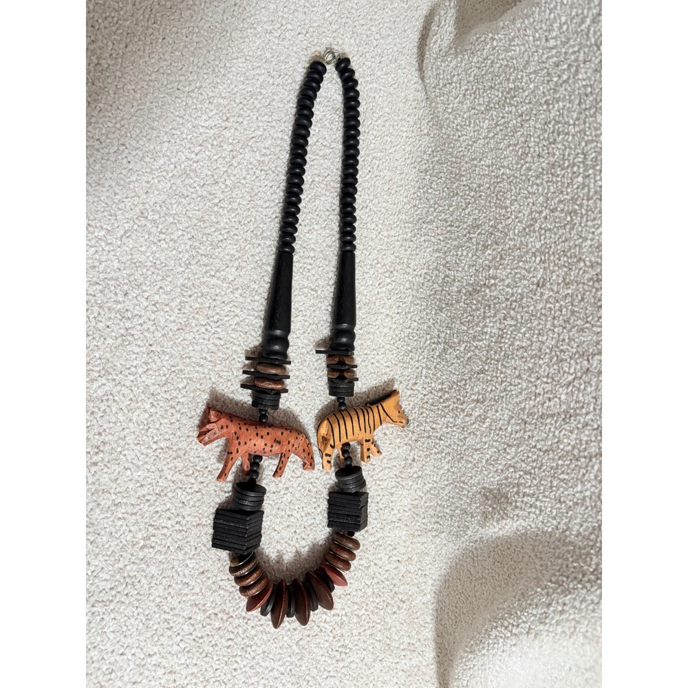 Vintage Hand Carved Wood Safari Animal‎ Bead Necklace Cheetah Zebra Statement